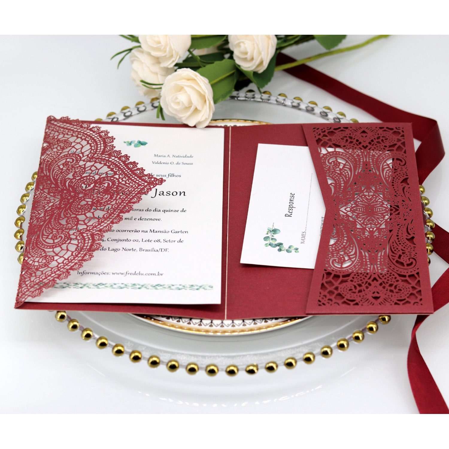 Dark Red  Birthday Card  Laser Invitation Lace Card